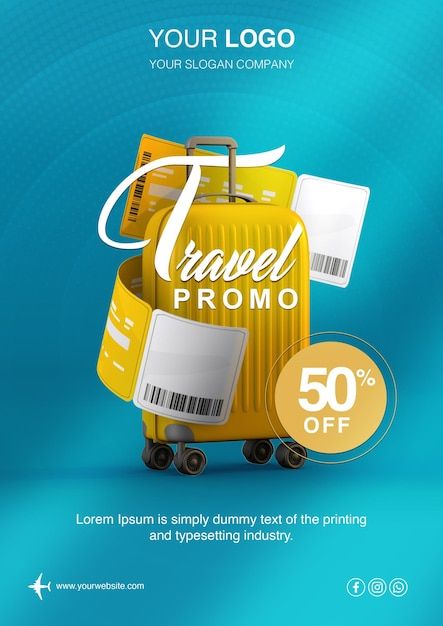 Travel promo flyer with yellow suitcase | Premium Psd #Freepik #psd #vacation #sale #business #tourism Tourism Flyer, Offer Ads, Yellow Suitcase, Holiday Poster Design, Travel Promotion, Travel Flyer, Promo Flyer, Travel Creative, Travel Retail