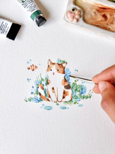 Watercolor Drawing Simple, Watercolor Art Cute Cartoon, Easy Beautiful Watercolor Paintings, Watercolor Kawaii Art, Watercolor Vintage Art, Watercolor Puppy Easy, Cute Mini Watercolor Paintings, Cat Watercolor Illustration, Cute Simple Watercolor Art