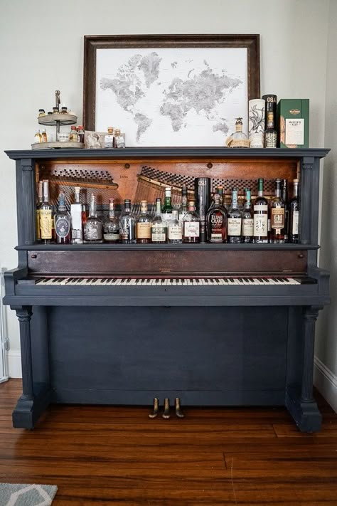 How to transform a piano into a hidden home bar - step by step tutorial with photos. Piano To Bar Diy, Piano Bars Diy, Turn Piano Into Bar, Bar Made From Old Piano, Piano Bar Repurposed Diy, Diy Piano Repurpose, Diy Piano Bar, Piano Made Into A Bar, Piano Turned Into Bar