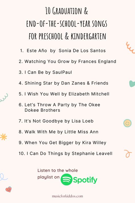 Graduation Songs For Kids, End Of Year Party Ideas, Preschool Graduation Songs, Kindergarten Graduation Songs, Prom Songs, Preschool Graduation Ideas, Tk Classroom, Songs For Preschool, June Activities