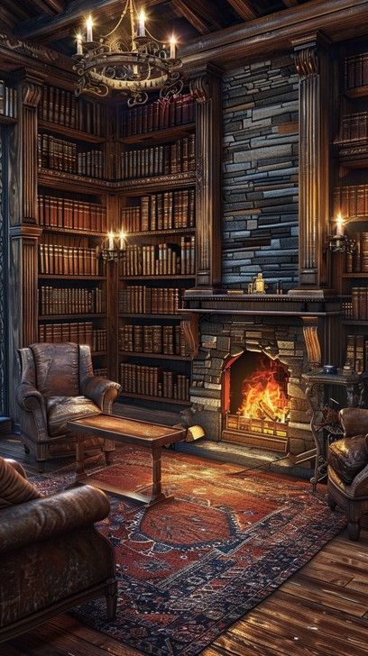 A warm, inviting library nook with overstuffed chairs, a glowing fireplace, and shelves brimming with books. Fireplace In Library, Boho Library Room, Library Room Cozy, Library Booknook, Fireplace And Shelves, Boho Library, Home Library Room, Cozy Library Room, Fireplace Library