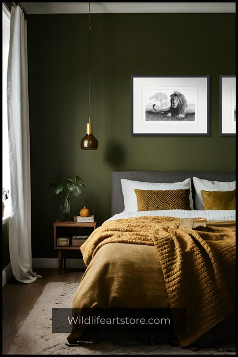 Olive Green Bedroom Ideas for Men With Framed Artwork Moss Green And Black Bedroom, Room Paint Ideas For Men, Dark Olive Bedroom Walls, Sage Green Earthy Bedroom, Olive Color Bedroom, Green Black Tan Bedroom, Dark Green And Brown Bedroom Ideas, Bedroom Inspirations Master Olive Green, Green Colors For Bedrooms