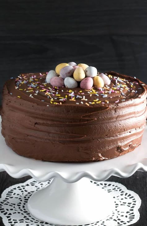 This recipe for Yellow Celebration Cake with Chocolate Frosting makes an extra light and fluffy version of this simple classic - topped with mini eggs, it's a showstopping Easter cake or with simple sprinkles, it's a traditional birthday cake. Easter Themed Cakes, Easter Desserts Cake, Easter Cake Designs, Mini Eggs Cake, Easter Meal Ideas, Easter Cake Ideas, Cute Easter Desserts, Easter Cake Decorating, Chocolate Easter Cake