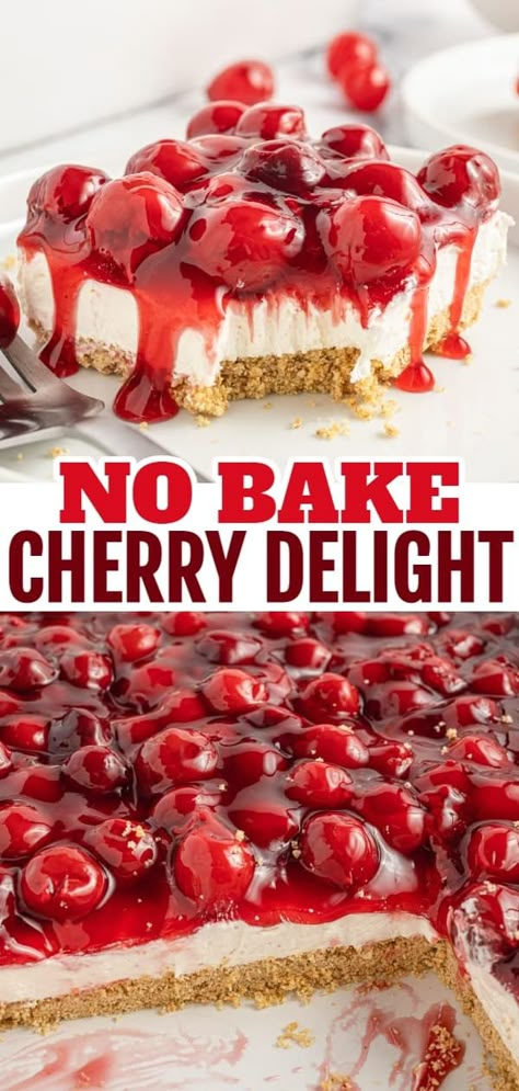 Cherry Delight is an easy no bake dessert with a graham crumb base, cream cheese and Cool Whip filling and topped with canned cherry pie filling. Cherry Delight Pie, Cherry O Cream Pie, Easy No Bake Cherry Delight, Classic Cherry Delight Dessert, Cherry And Cream Cheese Pie, Cherry Pie Cream Cheese Recipe, Cherry Breeze Dessert, No Bake Cherry Delight 12 Tomatoes, No Bake Cherry Pie Filling Desserts