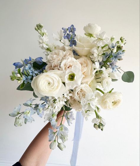 Something Blue Flowers, Blue Themed Bouquet, Wedding Florals With Blue, White Blue Bridal Bouquet, Dusty Blue Flower Arrangements, White And Blue Bouquet Wedding, White And Blue Wedding Florals, Blue Florals Wedding, White And Blue Wedding Bouquet