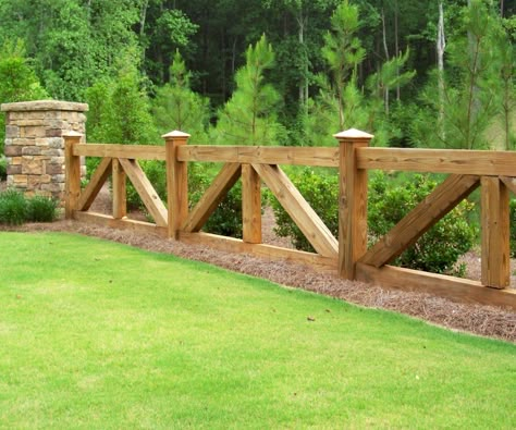 Custom ranch rail / horse fence | Mossy Oak Fence Company, Orlando & Melbourne, FL Ranch Fencing, Wood Fence Design, Country Fences, Horse Fencing, Driveway Entrance, Front Fence, Front Yard Fence, Farm Fence, Cedar Fence