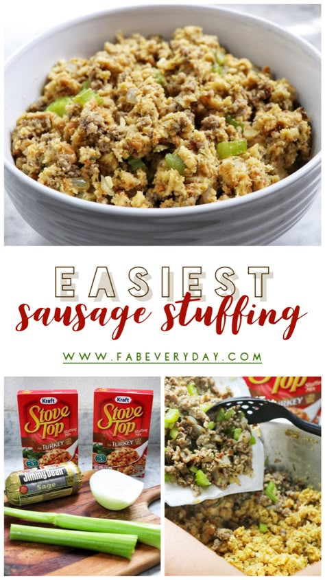 Easiest Sausage Stuffing Recipe - Thanksgiving Side Dish Hack! - Fab Everyday Stuffing Recipes Thanksgiving Sausage Easy, Sausage Stuffing Using Stove Top, Sausage Turkey Stuffing Recipe, Stuffing And Sausage Recipes, Sausage And Stove Top Stuffing, Sausage Stove Top Stuffing, Stuffing With Pork Sausage, Sausage Stuffing With Stove Top, Stove Top Stuffing With Sausage Recipes