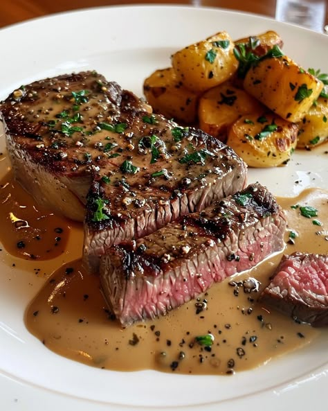 CLASSIC STEAK DIANE 🥩 Ingredients: 4 beef tenderloin steaks (about 6 oz each) 2 tbsp unsalted butter 2 tbsp olive oil 1 small shallot, finely chopped 2 cloves garlic, minced 1/2 cup beef broth 1/4 cup brandy or cognac 1/4 cup heavy cream 2 tsp Dijon mustard 2 tsp Worcestershire sauce 1 tbsp fresh parsley, chopped Salt and black pepper to taste Directions: Step 1: Prepare the Steaks Season the beef tenderloin steaks generously with salt and black pepper on both sides... Steak Types, Best Steak Seasoning, Panda Food, Steak Diane, Food Steak, Ribeye Steak Recipes, Tenderloin Steak, Black Food, Beef Tenderloin