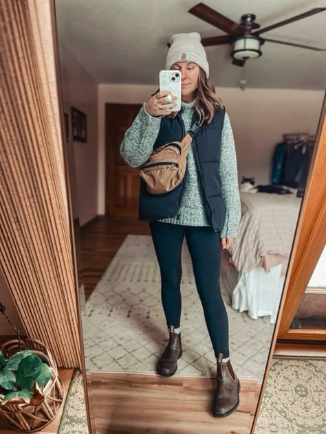 End of December Outfit Round-Up – Marissa Wears an Outfit Blundstones And Leggings, Granola Girl Vest Outfit, Vest Outfit 2023, Vest Leggings Outfit, Blundstone Outfit Winter, Leggings Comfy Outfit, Turtleneck Outfit Black, Blundstone Boots Outfit, Puffer Vest Outfit Black