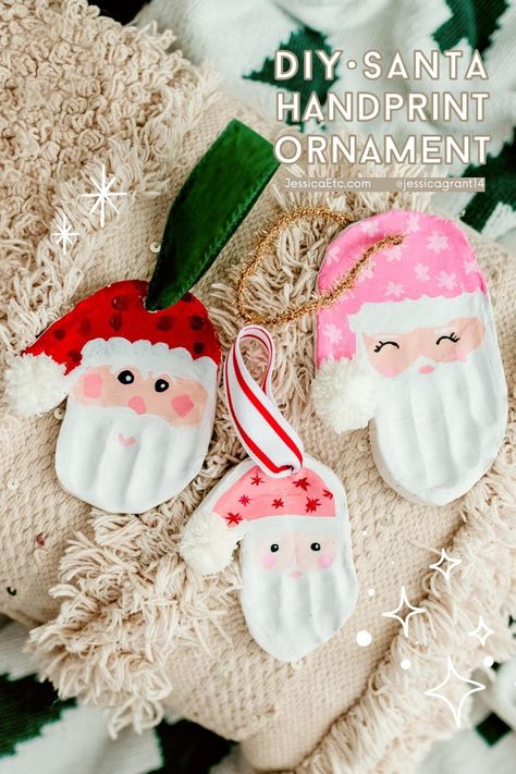 Diy Christmas Handprint Ornaments, Homemade Handprint Ornaments, Hand Ornaments For Kids, Kids Homemade Ornament Ideas, Homemade Handprint Christmas Ornaments, Handprints Christmas Crafts, Handprint Ornament Ideas, Christmas Toddler Handprint Crafts, Diy Santa Ornaments For Kids