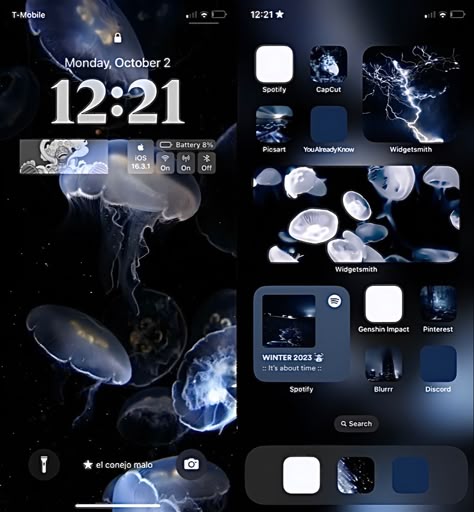 Jellyfish Aesthetic Homescreen, Aquarium Iphone Layout, Jellyfish Iphone Theme, Screen Ideas Aesthetic, Dark Blue Ios Layout, Jellyfish Phone Layout, Jellyfish Homescreen Layout, Jellyfish Iphone Layout, Jellyfish Ios Layout