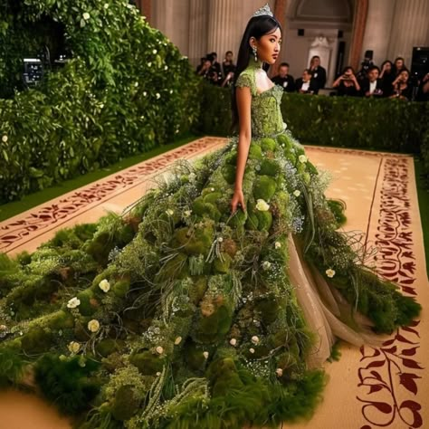 If the Met Gala participants had truly embraced the theme of ‘Garden of Time’, this is what they could have looked like!! Amidst cascading floral arches and verdant pathways, celebrities are adorned in attire that transcends mere fashion; it’s an ode to the passage of time itself. Picture breathtaking gowns adorned with delicate, shimmering clockwork motifs, where intricate gears replace traditional embroidery. Celebrities don headdresses resembling blooming timepieces, where each petal and g... Met Gala Garden Of Time, Garden Of Time Met Gala, Garden Of Time Dress, Dark Forest Wedding, Plant Dress, Gala Inspiration, Tree Outfit, Forest Wedding Ideas, Junk Kouture