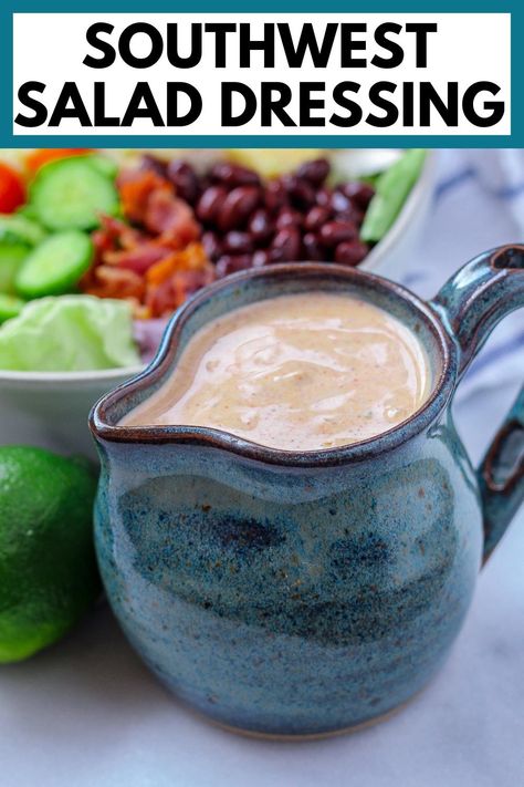 This creamy southwest salad dressing is easy and delicious, with a light and healthy twist - no mayo and no sour cream required! House Dressing Recipe Mexican, Mexican House Dressing Recipe, Spicy Vinaigrette Dressing, Southwest Salad Dressing, House Salad Dressing, Mexican Salad Dressings, House Dressing Recipe, Southwest Dressing, Southwest Sauce