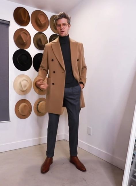 Mens Tan Overcoat Outfit, Khaki Overcoat Men, Coat And Turtleneck Outfit Men, Mens Brown Coat Outfit, Brown Coat Men Outfits, Beige Overcoat Men Outfit, Brown Peacoat Outfit Men, Tan Overcoat Outfit Men, Brown Trench Coat Outfit Men