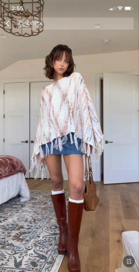 Long Skirt Chunky Sweater, Denim Skirt Tall Boots Outfit, Talk Brown Boots Outfit, Red Brown Boots Outfit, Fall Outfits Brown Skirt, Outfit With Poncho, Styling A Poncho Outfit, Dressed Up Fall Outfits, Poncho Skirt Outfit