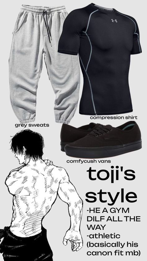 #toji #jjk #outfitinspo #style Toji Back Pose, Outfits For Gym Men, Modern Ninja Outfits Men, Anime Outfit Ideas Men, Anime Outfit Ideas Real Life, Gym Outfit Ideas Men, Compression Shirt Outfit Aesthetic Men, Types Of Fashion Styles Men, Toji Outfit Ideas