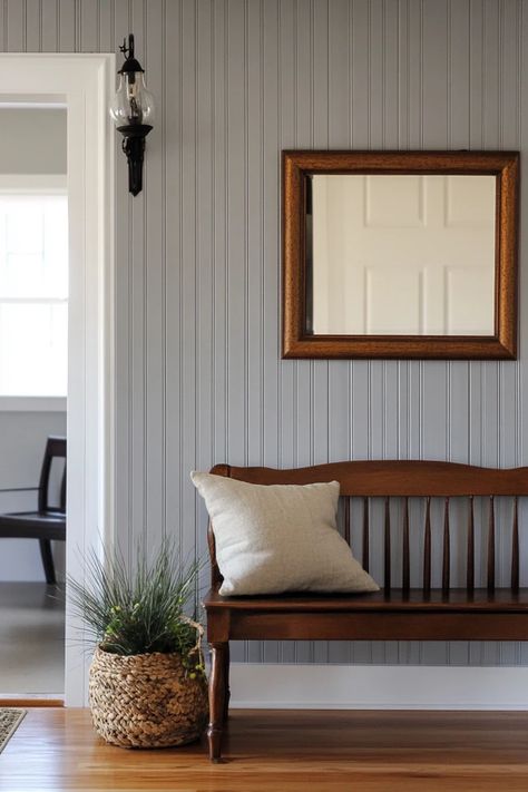 "Add texture and charm with a DIY Beadboard Accent Wall! 🛠️🎨 Perfect for creating a cozy, cottage-inspired look. 🌟✨ #DIYAccentWall #BeadboardInspo #HomeProjects" Bead Board Walls And Ceiling, Accent Beadboard Wall, Beadboard Accent Wall Living Room, Kids Room Beadboard, Beadboard Living Room Ideas, Easy Bead Board Wall, White Beadboard Living Room, Living Room Beadboard Walls, Beadboard Half Wall Kitchen