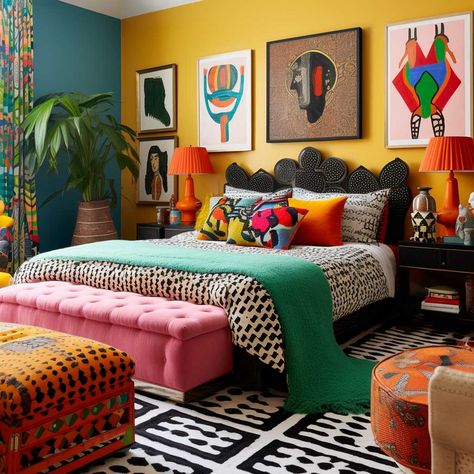 12+ Innovative Bedroom Pop Design Ideas to Try • 333+ Images • [ArtFacade] Colourful Bedrooms Ideas, Bold Bedroom Design, Pop Art Bedroom Decor, Good Vibes Bedroom Ideas, Black And Colorful Bedroom, Bright Guest Room, Ecletic Decoration Bedroom, Eccletic Room Ideas, Colorful Bedroom Maximalist