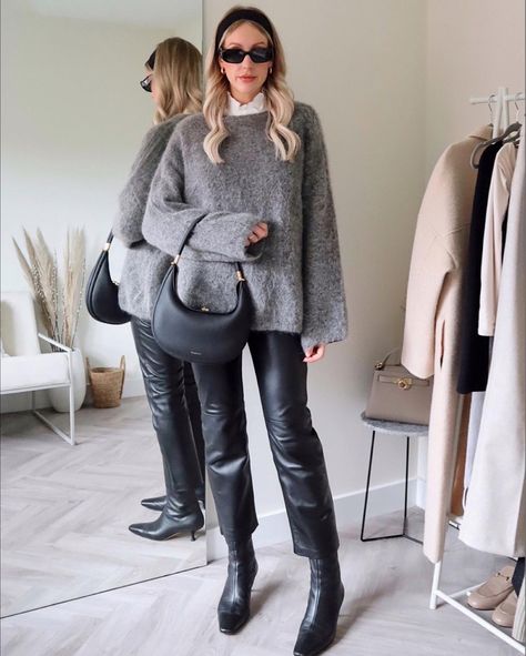 Knitted Blouse Outfit, Gray Jumper Outfit, Boots And Trousers Outfit, Grey Blouse Outfit, Jumper Outfit Winter, Grey Jumper Outfit, Mohair Outfit, Leather Trousers Outfit, Leather Boots Outfit