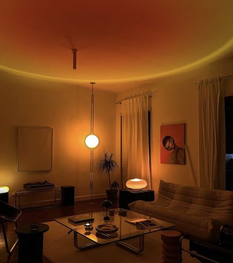 Unique Office Lighting, Apartment Ceiling Ideas, Soft Lighting Interior, Warm Lamps Living Room, Philips Hue Lighting Ideas Living Rooms, Warm Lighting Apartment Aesthetic, Amber Lighting Living Room, Lighting In Apartment, Low Light Living Room Ideas