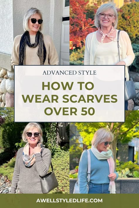 When it comes to an everyday chic accessory for stylish older women, a scarf can be a great seasonal fashion wardrobe staple. A Well Styled Life shares 9 ways to wear a scarf and more fashion styling tips for women over 50. Follow for more women's advanced style tips. Types Of Scarves Different, How To Wear A Scarf With A Sweater, Scarf Tips And Tricks, How To Tie A Wool Scarf, How To Wear A Scarf Over A Dress, Tying Large Scarves, Modern Scarf Styles, How To Wear A Long Rectangular Scarf, Wide Scarf How To Wear A