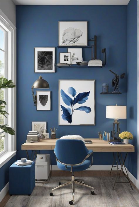 Experience the soothing harmony of Blue Note (2129-30) through the best color combinations of 2024, designed for daily interior routines with musical inspiration. #Ad #homedecor #homedesign #trendgirlApartment #Painthome #interiorarchitecture Wall Colors Green Room Colors Bright Room office Colors Apartment Renovation Home office Remodeling Modern Paint Colors 2024 Studio Room Color Ideas, Blue Accent Office, Home Office Ideas Blue, Fun Office Colors, Blue Wall Office Ideas, Blue Office Aesthetic, Blue Accent Wall Office, Office Colors Ideas, Office Painting Ideas