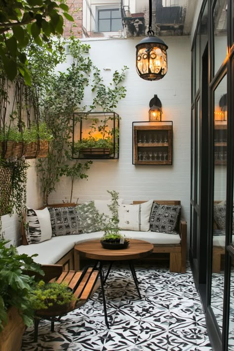 Cozy patio with patterned floor tiles, cushioned seating, wooden table, plants, and warm lighting. Small Outdoor Relaxing Area, Small Mediterranean Patio Ideas, Small Terrace Decor Ideas, Decorate Small Backyard, Backyard Ideas For Small Yards Cheap, Micro Patio Ideas, Small Townhouse Backyard Ideas Patio, Outdoor Patio Small Space, Back Patio Transformation