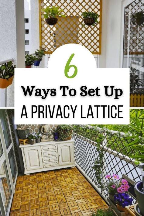 Using a lattice for privacy is just one of the product’s many functions. While you’ll get the best results if you grow plants up, this isn’t always necessary, unlike with a trellis. Surprisingly, there are plenty of ways to use a privacy lattice on a balcony. To help get you inspired, we’ll cover a bunch of different ways to set up a lattice for privacy. Lattice Panels Privacy Screens, Hanging Lattice Panels, Trellis Ideas For Privacy Balcony, Hanging Privacy Panels, Lattice Panel Ideas, Privacy Porch Ideas Apartment Balconies, Decorating Lattice Ideas, Patio Lattice Privacy Ideas, First Floor Apartment Patio Privacy