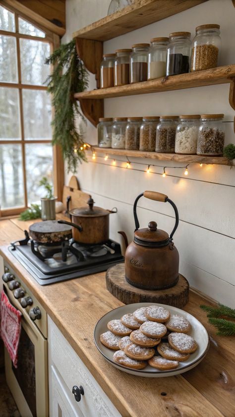 Bring warmth and rustic charm to your kitchen this winter! Wooden accents, freshly baked treats, earthy ceramics, and fairy lights create a festive and inviting space perfect for the season. Pair it with vintage touches for a timeless look. Save this pin for your winter kitchen decor inspiration! 🕯️❄️ #RusticKitchen #WinterDecor #CozyVibes #FestiveInspiration #SeasonalStyle Save this pin and start creating your cozy winter kitchen setup today! 🍵✨ Vegan Kitchen Aesthetic, Kitchen Farm Style, Old World Farmhouse Kitchen, Granola Kitchen Aesthetic, Rustic Neutral Kitchen, Woodsy House Decor, Cottage Core Apartment Kitchen, Coffee Bar Shelving Ideas, Rustic Kitchen Accessories