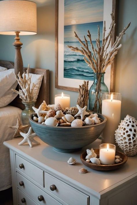 Nautical House Decor Interior Design, Beach Wall Ideas, Beach House Interior Decor, Diy Beach House Decor Ideas, Beach Theme Dining Room, Summer Interior Decor, Diy Beach House Decor, Summer House Ideas Interior, Shell Decorating Ideas