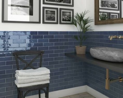 Blue Wall Tiles, Blue And White Bathroom, Royal Blue Walls, White Bathroom Rug, Small Downstairs Toilet, Navy Blue Bathrooms, Blue Tile Wall, Navy Bathroom, Blue Bathroom Tile