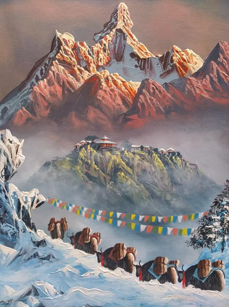 Nepal Fantasy Art, Nepal Hd Wallpaper, Nepal Art Painting, Nepal Drawing, Nepal Illustration, Nepali Painting, Himalayas Painting, Reference For Digital Art, Rebirth Painting