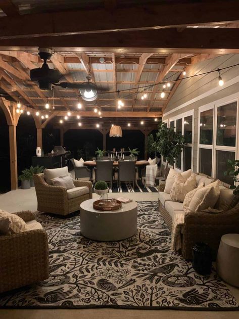 night Carport Seating Area, Carport Lounge Ideas, In Closed Patio Ideas, Patio Entertaining Spaces, Back Patio Set Up, Uncovered Deck Ideas, Carport Sitting Area Ideas, Large Back Patio Ideas, Cozy Back Patio Ideas