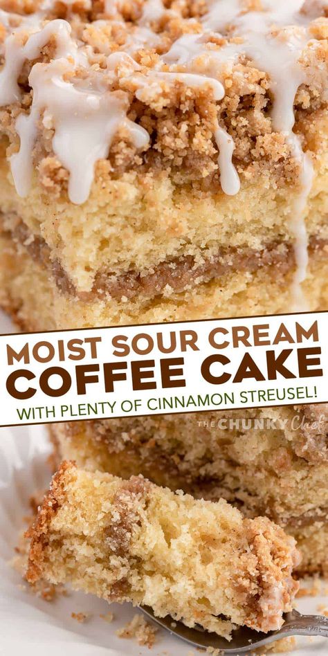 My favorite Sour Cream Coffee Cake is ultra moist and buttery, with a cinnamon streusel layer in the middle and on top, and drizzled with a sweet glaze. #coffeecake #crumbcake #sourcream #baking #breakfast #dessert #cinnamon #streusel #brunch Coffee Cake Cinnamon, Cake Cinnamon, Breakfast Coffee Cake, The Chunky Chef, Chunky Chef, Coffee Cake Recipes Easy, Bakery Goods, Cinnamon Streusel, Sour Cream Coffee Cake