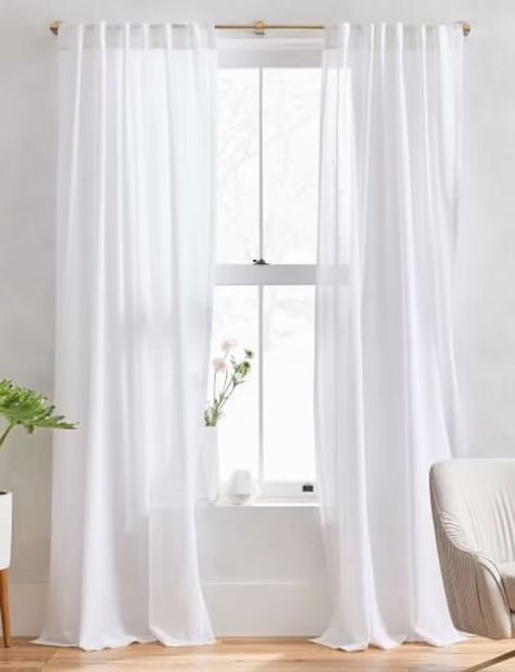 White Cotton Curtains Living Rooms, Target White Curtains, Long White Sheer Curtains Living Rooms, Bedroom Curtains Single Window, Sheer Cotton Curtains, Window With White Curtains, White Certain, White Flowy Curtains Bedroom, Beachy Bedroom Curtains