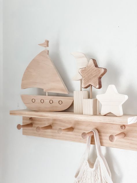 Nautical Nursery Sailboat Nursery Decor Wood Sailboat - Etsy Peg Shelves, Sailing Nursery, Nursery Sailboat, Nautical Boys Room, Nautical Boy Room, Wood Sailboat, Nautical Baby Room, Sailboat Nursery, Baby Shower Nautical