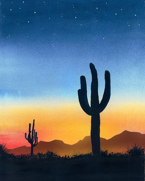 Cactus Landscape, Cactus Sunset, Cactus Painting, Social Art, Landscape Watercolor, Desert Painting, Desert Art, Desert Cactus, Cactus Art