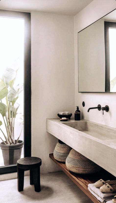 Concrete Vanity Sink, Minimal Bathroom Vanity, Concrete Bathroom Vanity, Bathroom Tile Design Ideas, Tile Design Ideas, Concrete Vanity, Minimal Bathroom, Concrete Bathroom, Bathroom Design Inspiration