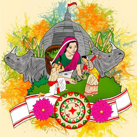 Indian Heritage And Culture Paintings, Assam Bihu Pic, Bohag Bihu Wishes, Arunachal Pradesh Culture Drawing, Bihu Drawing Ideas, Bihu Assam Painting, Assam Culture Drawing, Assamese Culture Drawing, Bohag Bihu Drawing