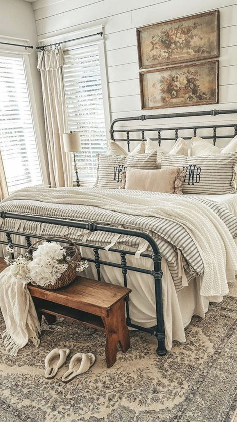 Farmhouse bedroom aesthetic Monogram pillows Farmhouse tiny cottage Simple Living Southern Living The perfect bedspread for the perfet cottage core bedroom Farmhouse Bedroom Iron Bed, Farm Chic Bedroom, French Linen Bedding Master Bedrooms, Bedroom Decor Iron Bed, Small Cottage Home Decor, Country Chic Bedrooms, White Rod Iron Bedroom Ideas, Iron Beds Bedroom Decorating Ideas Boho, Farmhouse Iron Bed