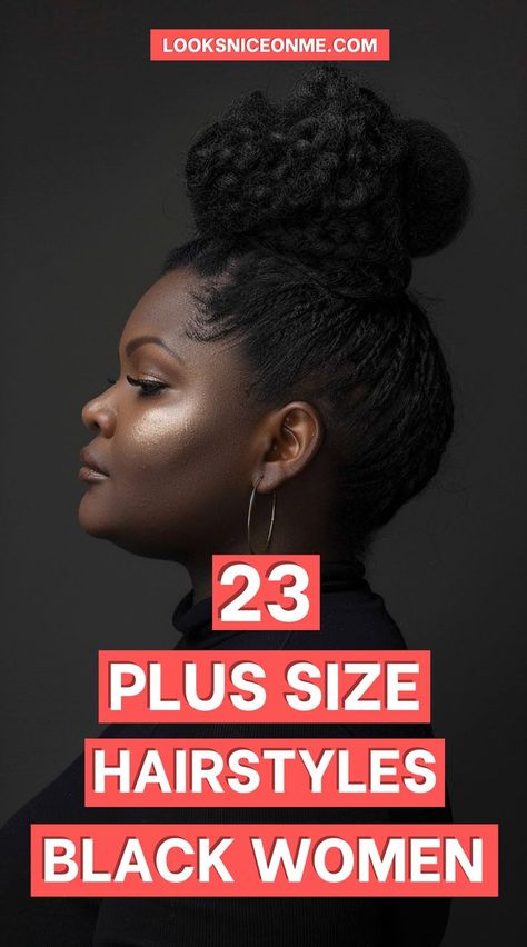 Get inspired by these 23 hairstyle ideas that enhance your best features! Perfect for Black women who want a look that’s both trendy and flattering. #PlusSizeStyle #NaturalHairInspo #CurvyAndStylish Formal Hairstyles Black Women Classy, Hairstyles For Plus Size Black Women, Sophisticated Hairstyles For Black Women, 1940s Black Hairstyles, Large Face Hairstyles, Hairstyle For Full Face, Hairstyles For Menopausal Women, Wigs For Round Faces Black Women, Medium Length Haircut For Black Women