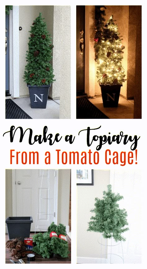 Easy Evergreen Tree Topiary Using a Tomato Cage Porch Christmas Tree, Tomato Cage Crafts, Christmas Tree Topiary, Tomato Cage Christmas, Tomato Cage Christmas Tree, Christmas Topiary, Dollar Tree Christmas Decor, Outdoor Decoration Ideas, Outdoor Christmas Decor