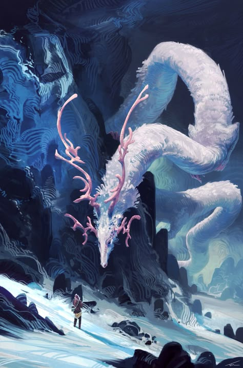 Spirit of the Mountain, Thomas Chamberlain - Keen on ArtStation at https://www.artstation.com/artwork/oG6nW Fantasy Beasts, 다크 판타지, White Dragon, Fantasy Monster, Fantasy Creatures Art, Dragon Artwork, Creatures Art, Mythical Creatures Art, Creature Concept Art