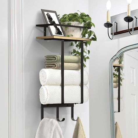 Luxspire Towel Racks for Bathroom Wall Mounted, Metal Towel Holder with Wooden Floating Shelf & 3 Hooks, Rolled Bath Towel and Hand Towel Storage for Bathroom, Bathroom Wall Organizer, Black + Wood : Amazon.co.uk: DIY & Tools Wooden Floating Shelf, Bathroom Revamp, Towel Racks For Bathroom, Wall Towel Racks, Bathroom Towel Holder, Bath Towel Storage, Hand Towel Rack, Bathroom Holder, Wall Mounted Towel Rack