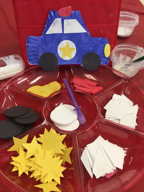 Police car preschool activity with shapes math Police Day Preschool, Police Visit Preschool, Police Car Preschool Craft, Paper Plate Police Car, Police Car Crafts For Preschool, Emergency Responders Preschool, Police Car Art Preschool, Fire And Police Activities Preschool, Preschool Police Officer Craft