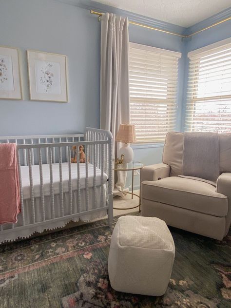 Robins Egg Blue Nursery, Blue Painted Nursery, Light Blue Floral Nursery, Nursery Ideas Light Blue, Light Blue And Yellow Nursery, Baby Blue Nursery Girl, Light Blue Baby Girl Nursery, Light Blue Girls Nursery, Light Blue Nursery Paint Colors