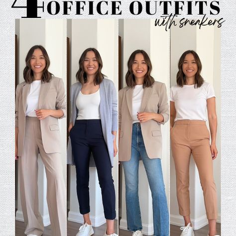 Office Outfits Sneakers, Formal Outfit With Sneakers, Office Outfits With Sneakers, Business Casual Sneakers, Spring Office Outfits, Sneakers Outfit Work, Conference Outfit, Outfits With Sneakers, White Sneakers Outfit