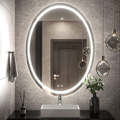 Oval Mirror Decor, Grey Bathroom Mirrors, Setting Makeup, Lit Mirror, Oval Mirror Bathroom, Bathroom Mirror Design, Circles Design, Illuminated Mirror, Bathroom Led