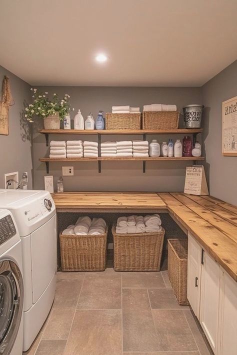 Laundry Room With Washer And Dryer On Opposite Walls, Laundry Room Design Folding Counter, Family Closet Laundry Room, Basement Laundry Room Ideas, Rustic Laundry Room, Laundry Room Decor Ideas, Laundy Room, House Laundry Room, Rustic Laundry Rooms