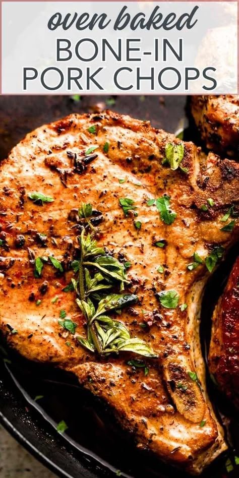 If you need a family-pleasing dinner that’s easy to make, this simple recipe for baked pork chops is a classic! Resulting in  juicy chops every time, even my picky eaters really love these garlicky, buttery, simply seasoned pork chops. Indoor Grill Pork Chops, Pork Chop On Bone Recipes, Pork Chop In The Oven Recipes, Pork Chopped Recipes, Fast Easy Pork Chop Recipes, What Can I Do With Pork Chops, Pork Chops With Rice Baked, Pork Chop Roast Recipes, Bobby Flay Pork Chops